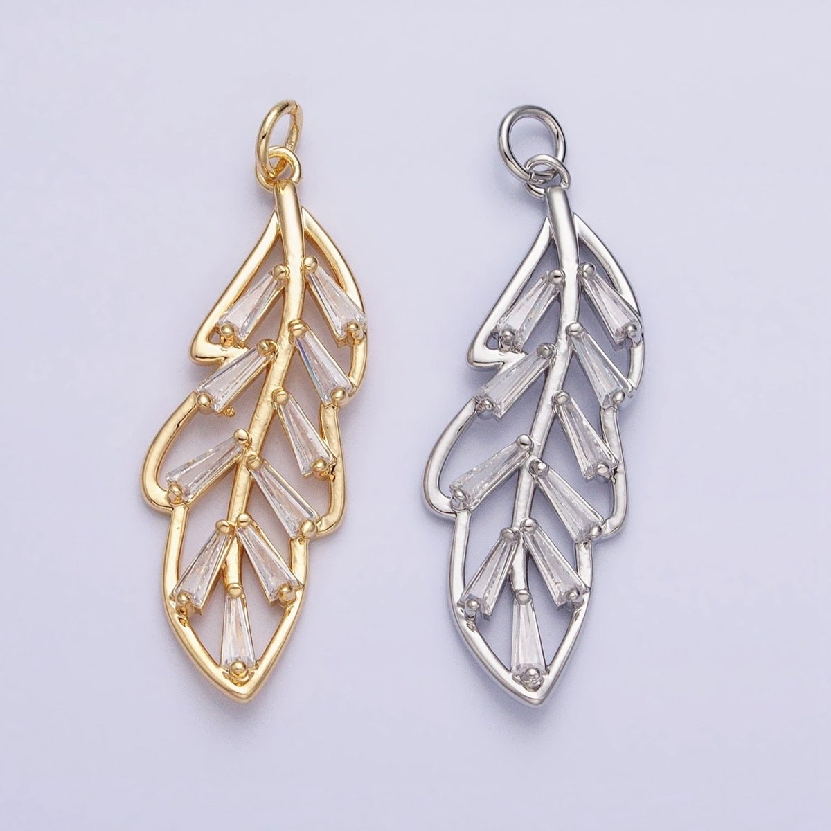 16K Gold Filled Nature Palm Leaf Baguette CZ Add-On Charm in Gold & Silver | AC960 AC961 - DLUXCA