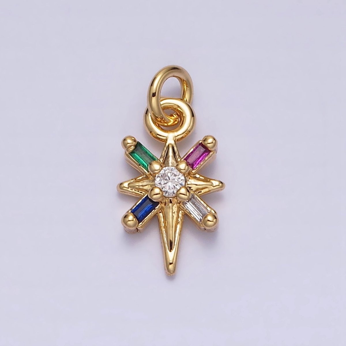 16K Gold Filled North Star Celestial Multicolor, Clear Baguette CZ Charm in Gold & Silver | AC1296 AC1297 - DLUXCA