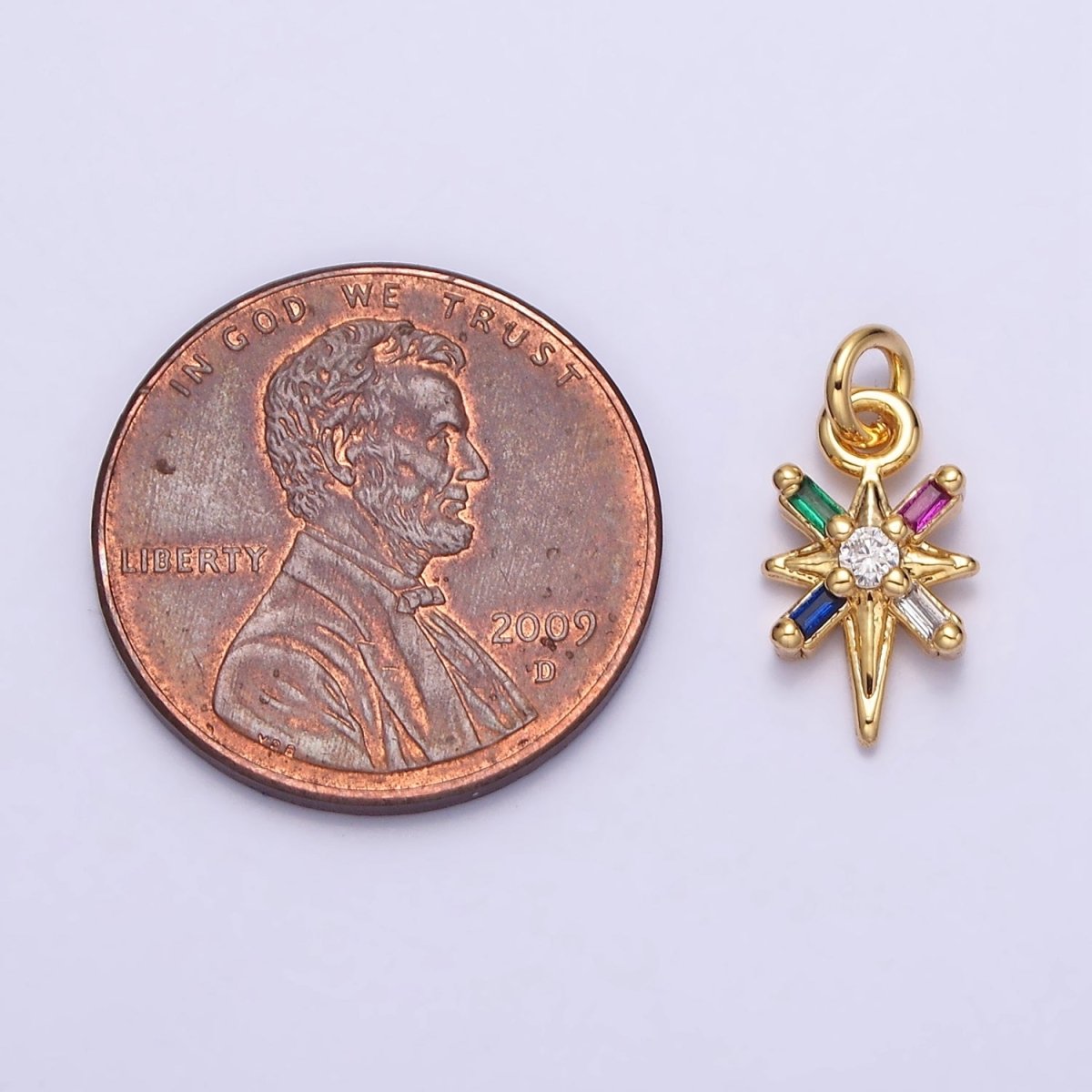 16K Gold Filled North Star Celestial Multicolor, Clear Baguette CZ Charm in Gold & Silver | AC1296 AC1297 - DLUXCA