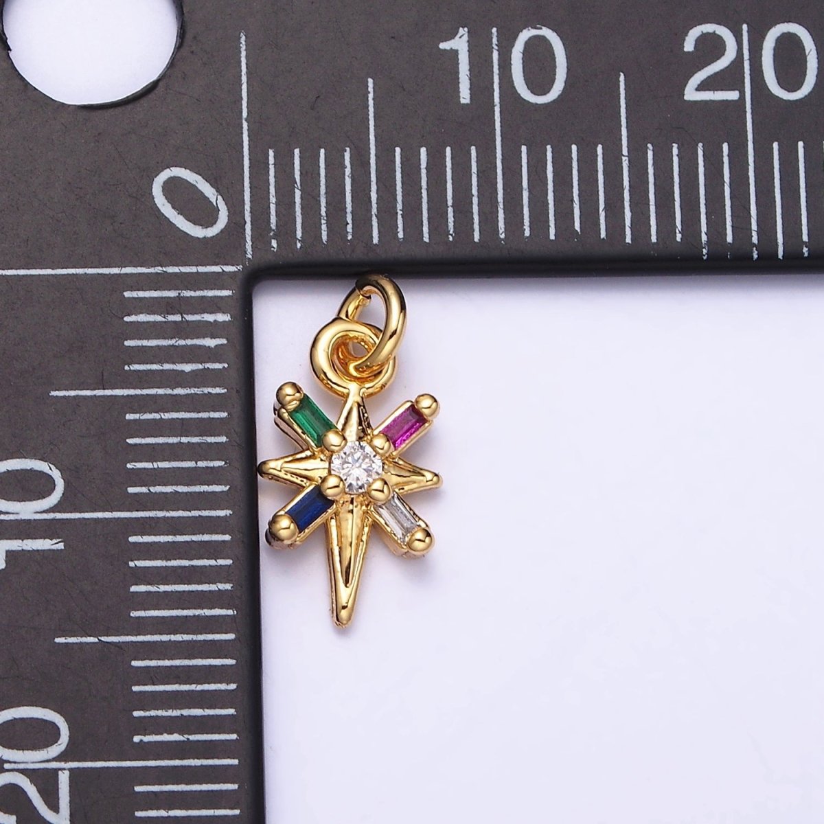 16K Gold Filled North Star Celestial Multicolor, Clear Baguette CZ Charm in Gold & Silver | AC1296 AC1297 - DLUXCA