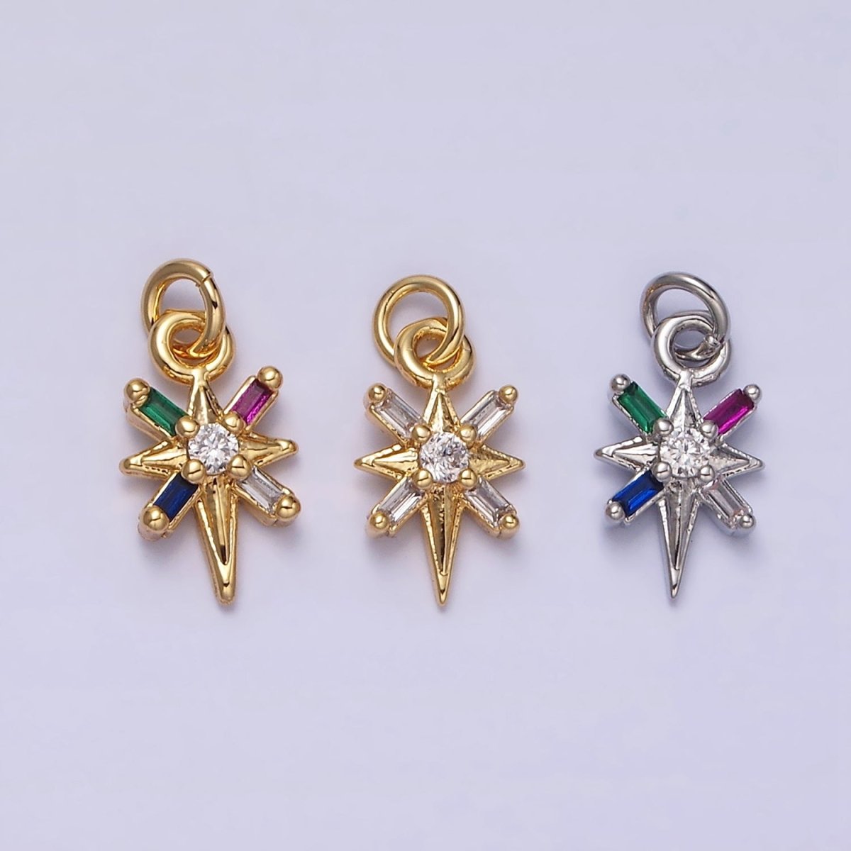16K Gold Filled North Star Celestial Multicolor, Clear Baguette CZ Charm in Gold & Silver | AC1296 AC1297 - DLUXCA