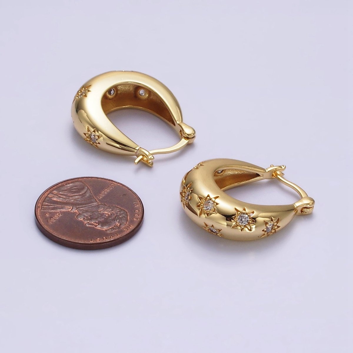 16K Gold Filled Oblong Dome Celestial Stars CZ French Lock Latch Hoop Earrings | AE634 - DLUXCA