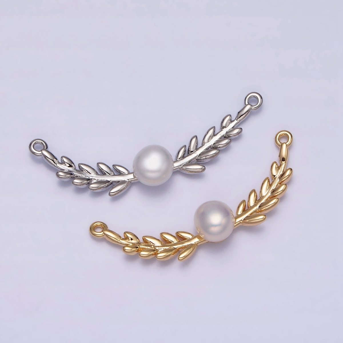 16K Gold Filled Olive Leaves Natural Round Pearl Curved Connector in Gold & Silver | AA1086 AA1087 - DLUXCA