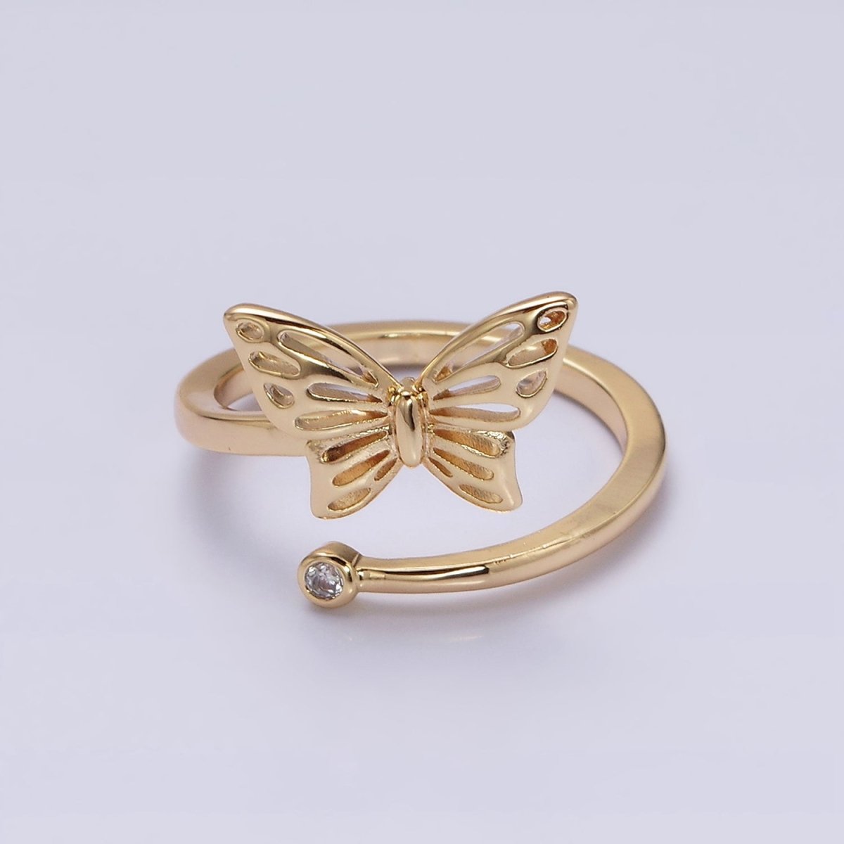 16K Gold Filled Open Butterfly Mariposa Clear CZ Open Adjustable Ring in Gold & Silver | O-1631 O-1632 - DLUXCA