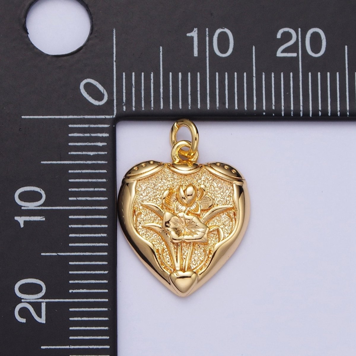 16K Gold Filled Open Flower Engraved Textured Heart Charm | A-624 - DLUXCA