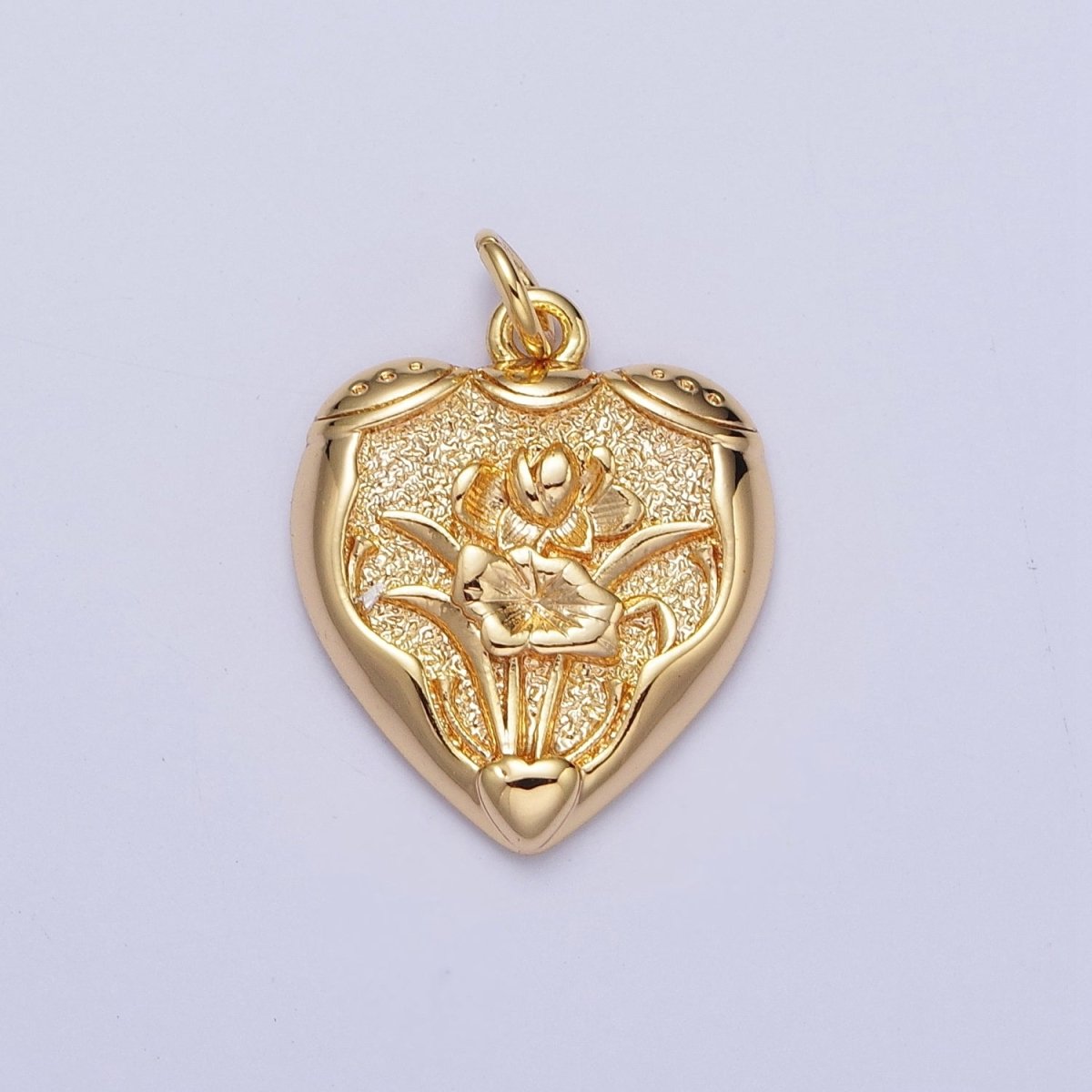 16K Gold Filled Open Flower Engraved Textured Heart Charm | A-624 - DLUXCA