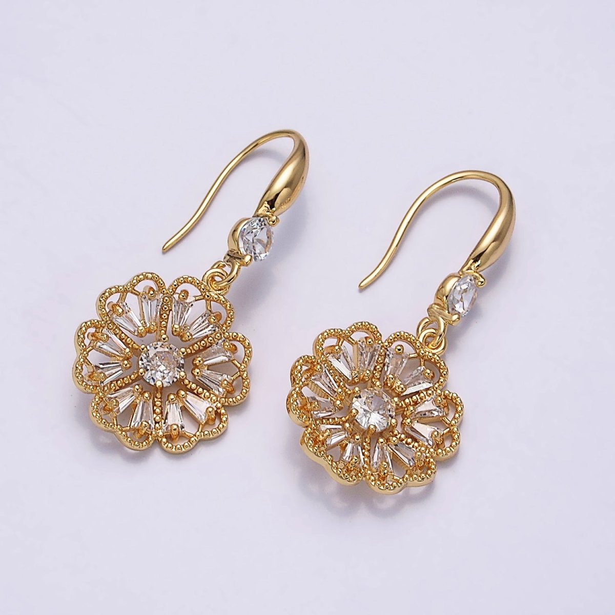 16K Gold Filled Open Flower Triangle Baguette Beaded CZ Drop French Hook Earrings in Gold & Silver | AD1548 AD1549 - DLUXCA