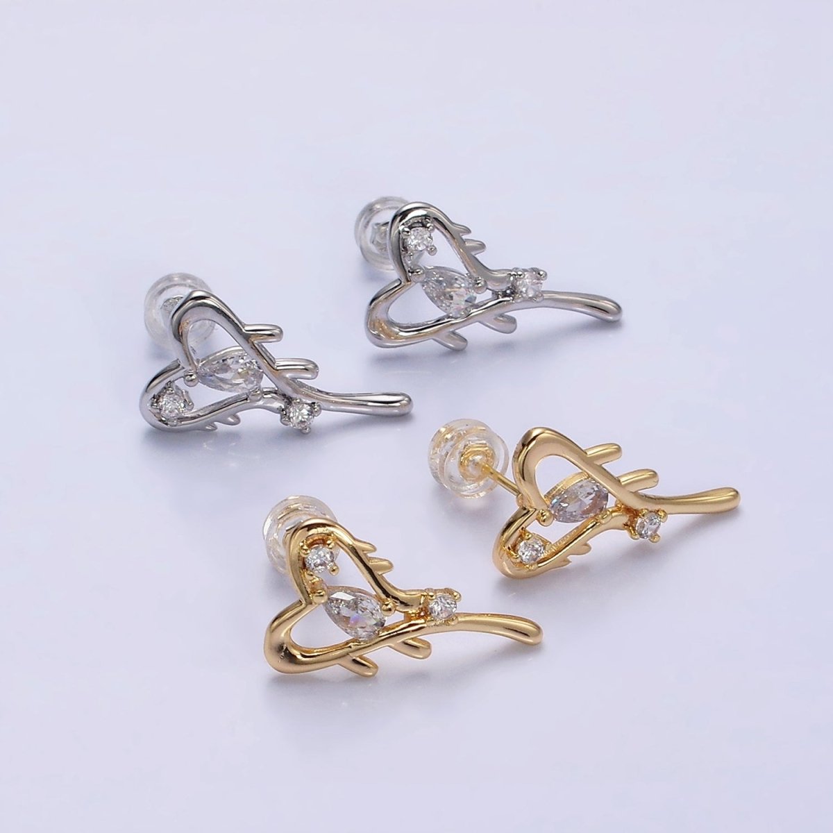 16K Gold Filled Open Heart Clear Teardrop Molten Drip Stud Earrings in Gold & Silver | AD1120 AD1121 - DLUXCA