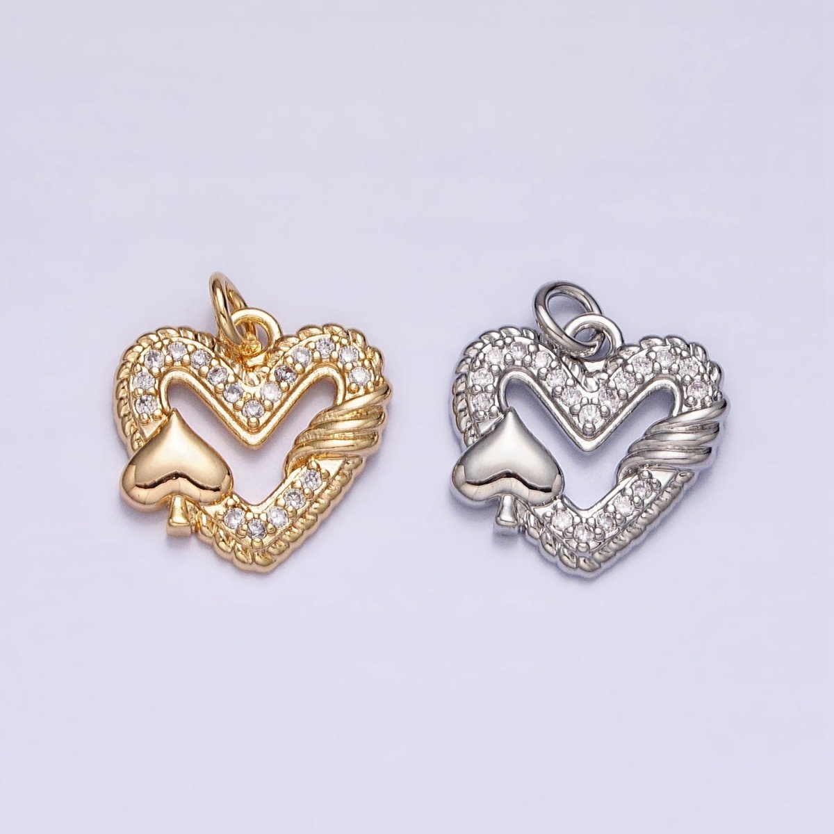 16K Gold Filled Open Heart Micro Paved Twisted Spades Card Charm in Gold & Silver | AC1217 AC1218 - DLUXCA