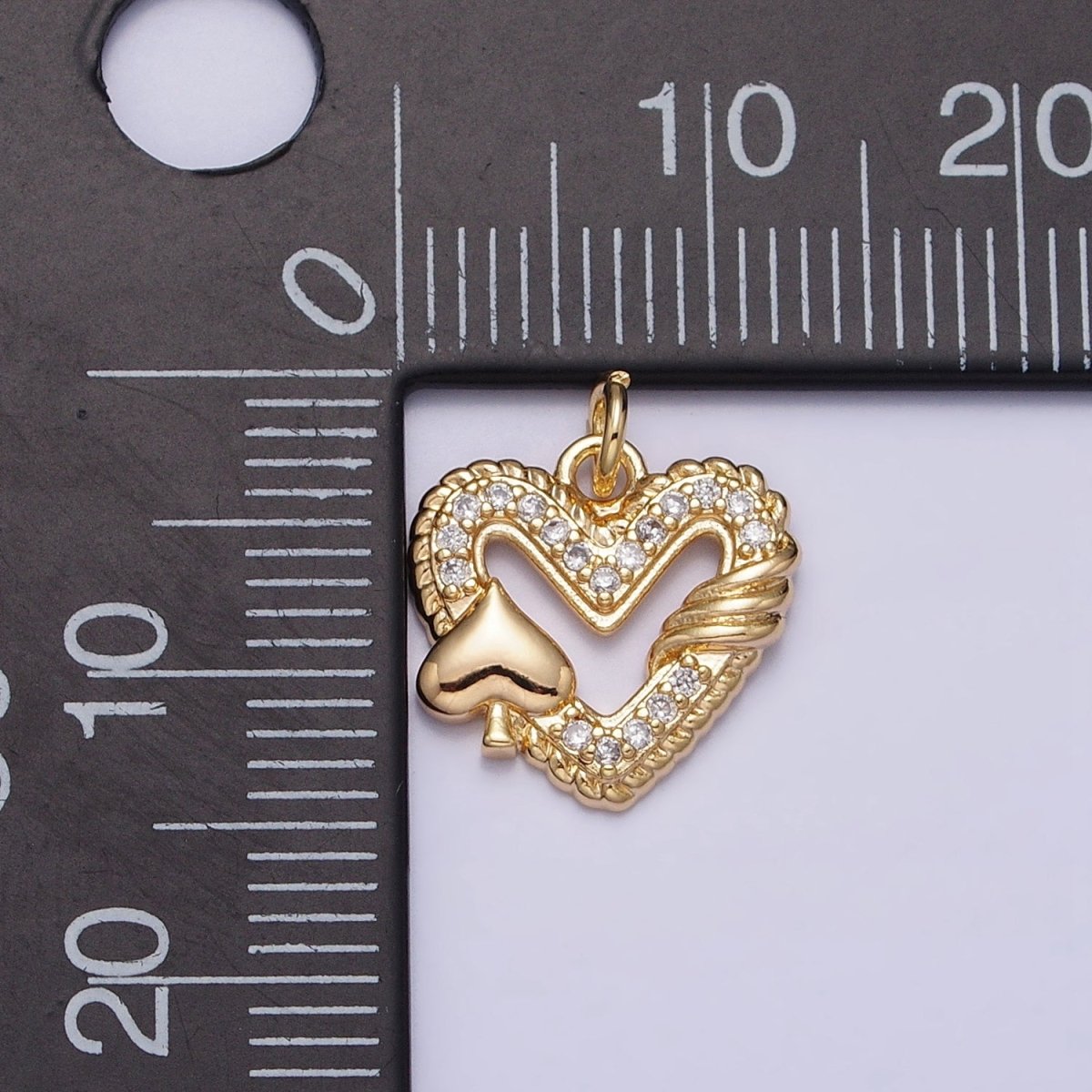 16K Gold Filled Open Heart Micro Paved Twisted Spades Card Charm in Gold & Silver | AC1217 AC1218 - DLUXCA