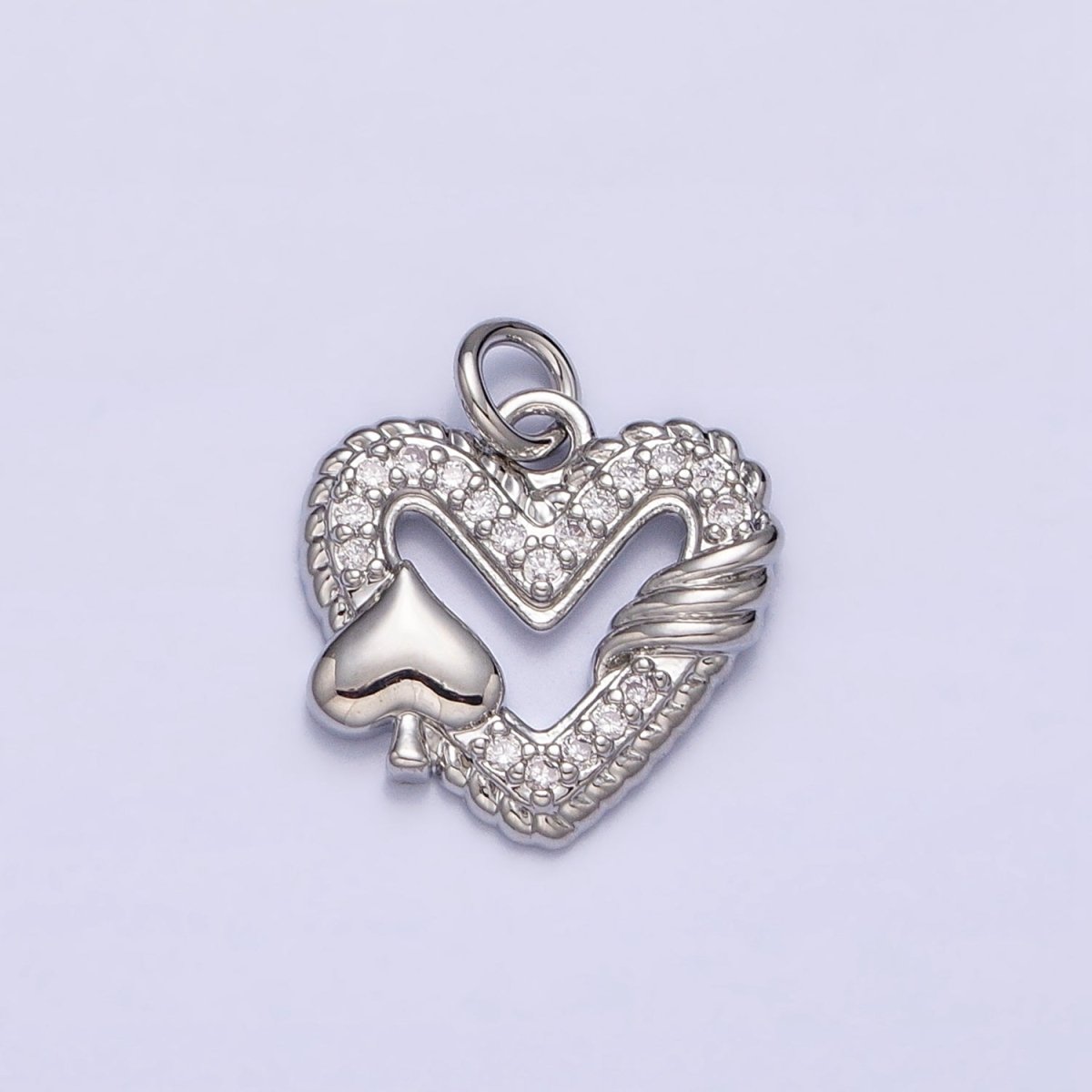 16K Gold Filled Open Heart Micro Paved Twisted Spades Card Charm in Gold & Silver | AC1217 AC1218 - DLUXCA