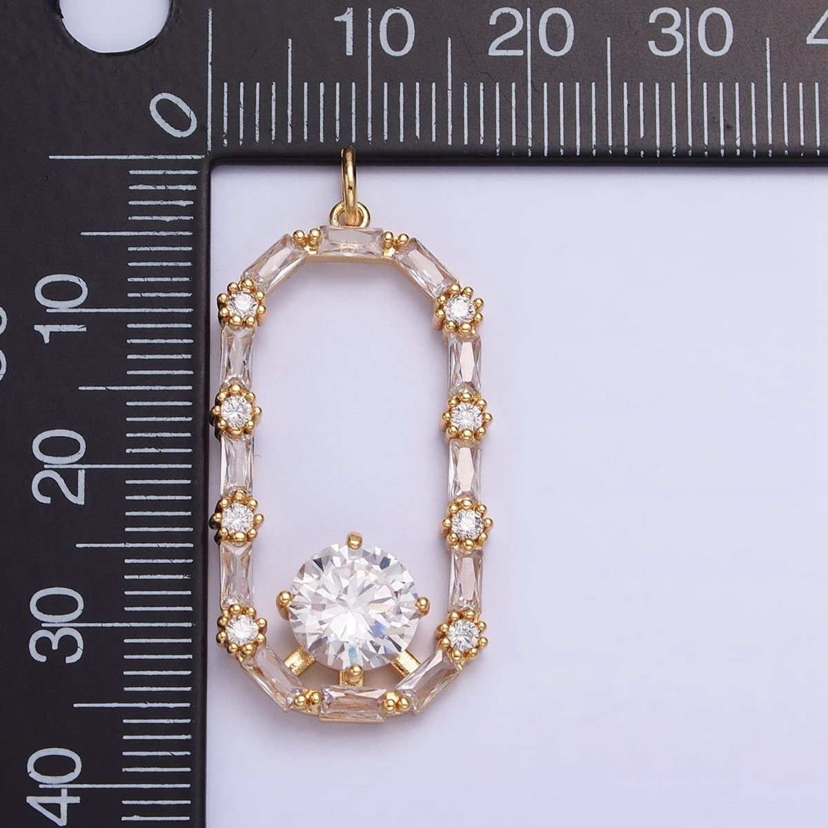 16K Gold Filled Open Oblong Clear CZ Baguette Round CZ Charm in Gold & Silver | AC970 AC971 - DLUXCA