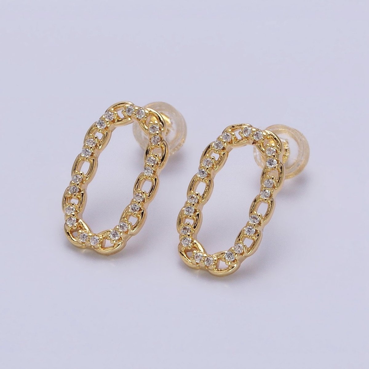 16K Gold Filled Open Oblong CZ Cable Link Stud Earrings in Gold & Silver | AD1309 AD1331 - DLUXCA