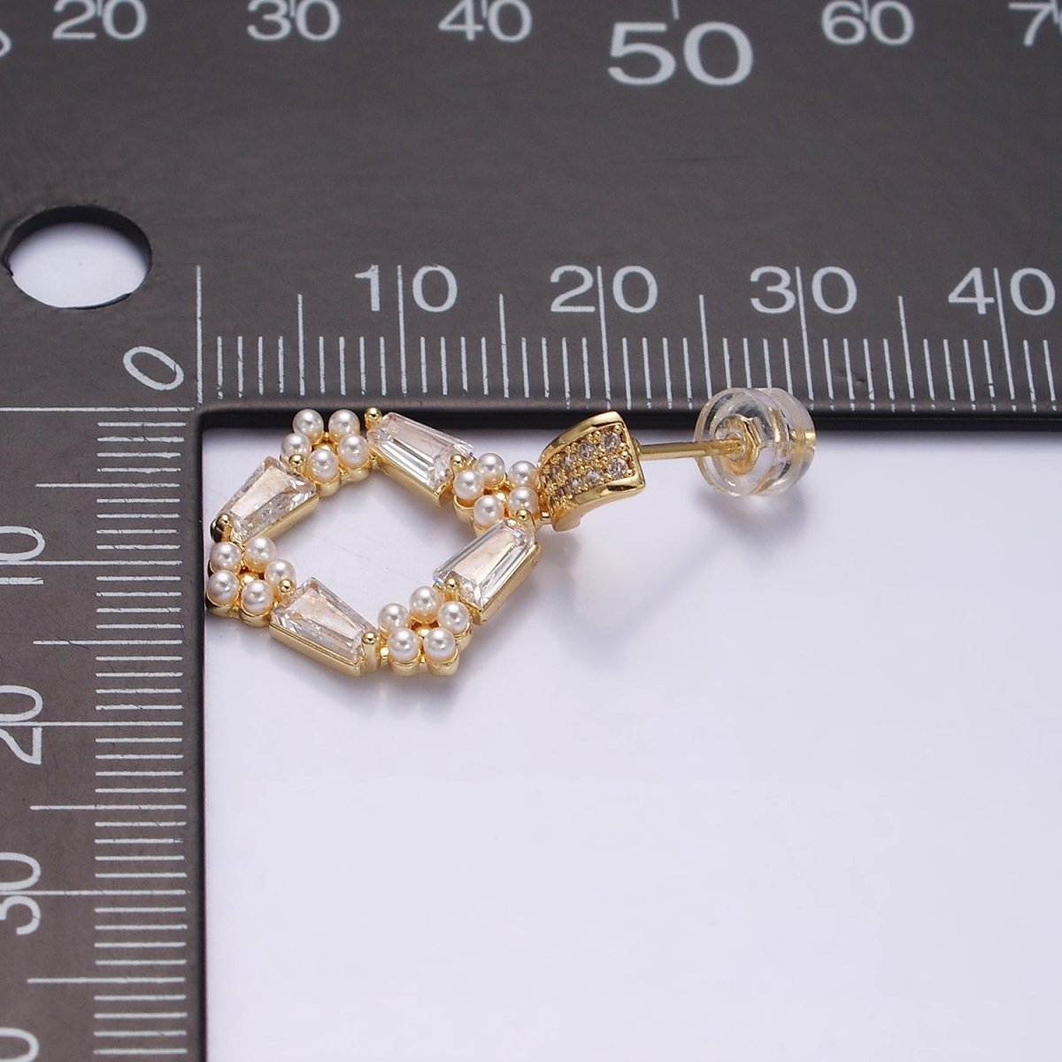 16K Gold Filled Open Rhombus Baguette Pearl Lined Micro Paved Bar Drop Stud Earrings in Gold & Silver | AD1546 AD1547 - DLUXCA