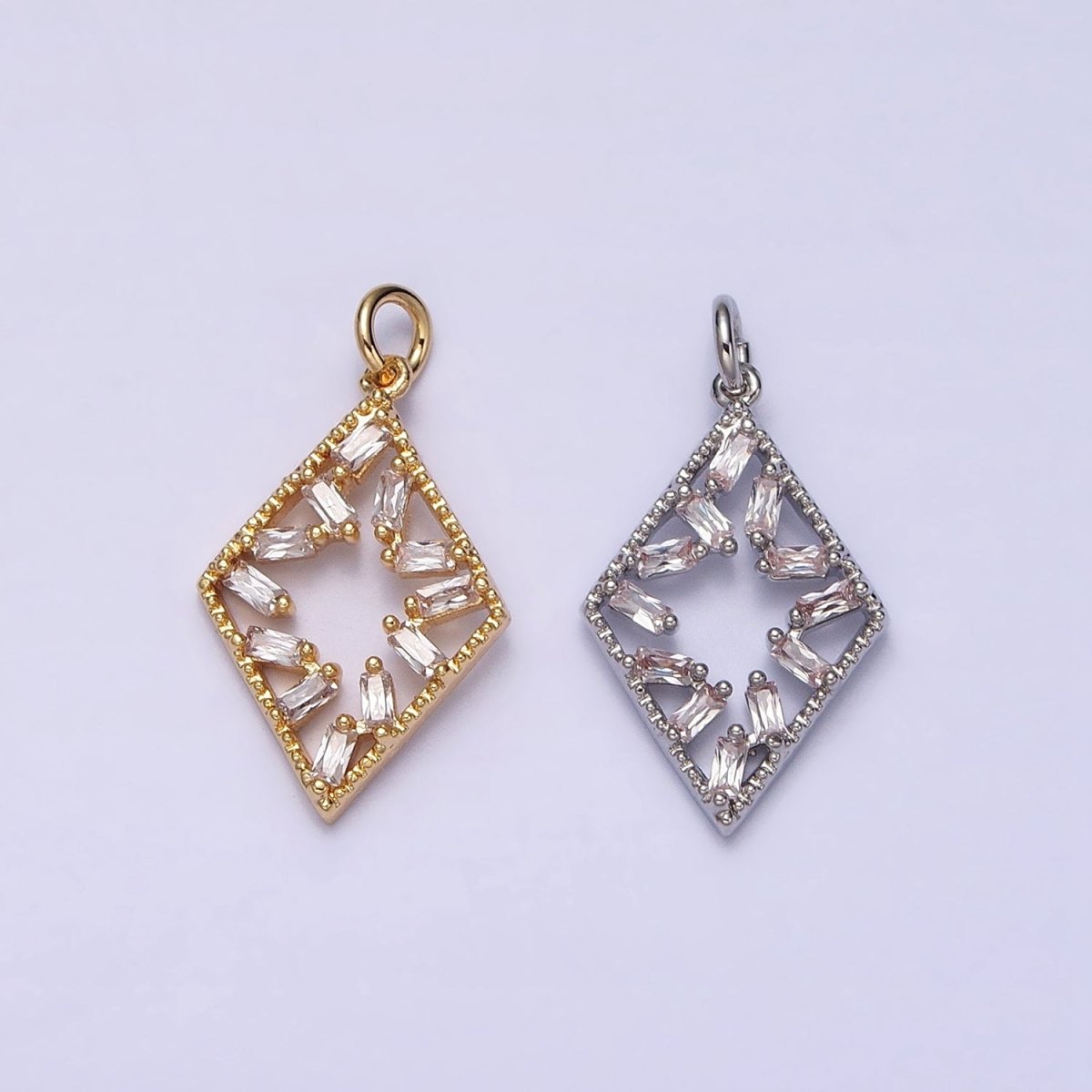 16K Gold Filled Open Rhombus Clear Baguette CZ Add-On Charm in Gold & Silver | AC1211 AC1212 - DLUXCA