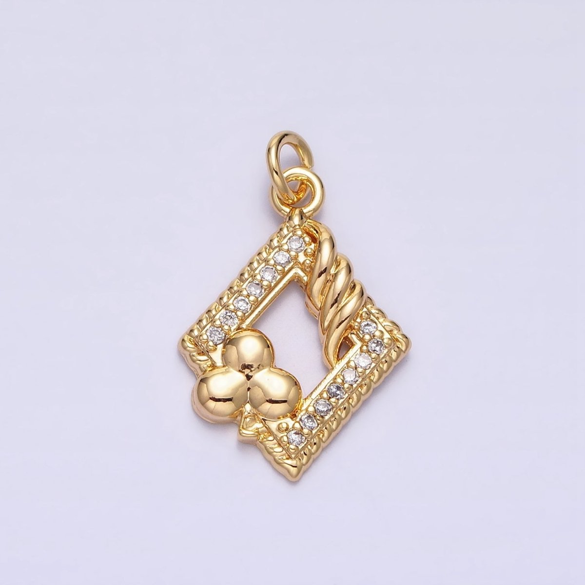 16K Gold Filled Open Rhombus Micro Paved Twisted Clubs Card Charm in Gold & Silver | AC1251 AC1252 - DLUXCA