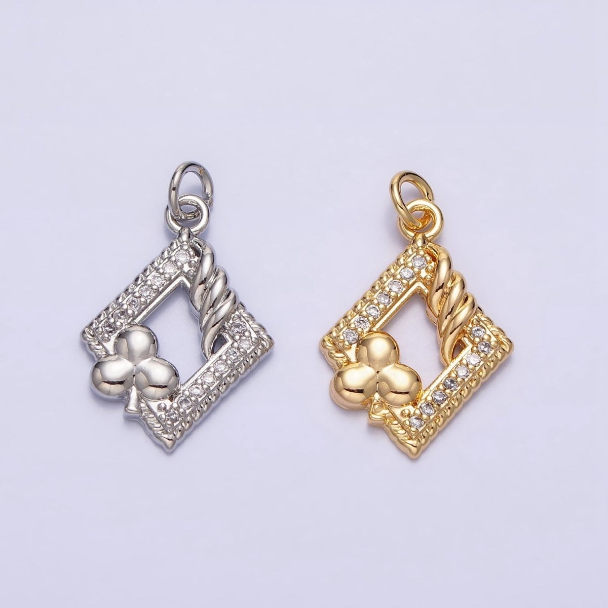 16K Gold Filled Open Rhombus Micro Paved Twisted Clubs Card Charm in Gold & Silver | AC1251 AC1252 - DLUXCA