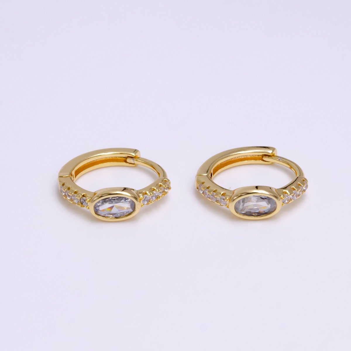 16K Gold Filled Oval Micro Paved CZ 13mm Cartilage Huggie Earring in Gold & Silver | AE777 AE778 - DLUXCA