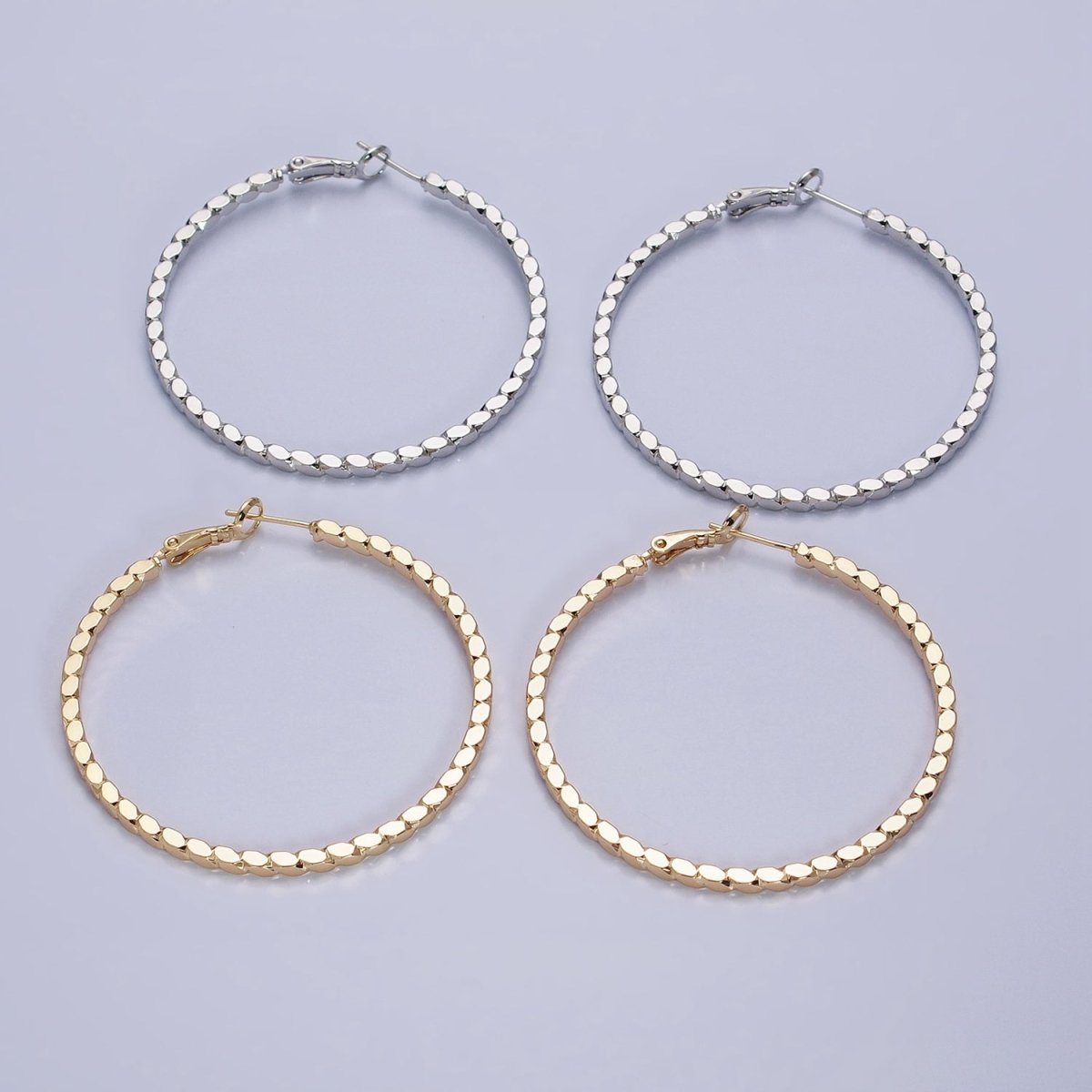 16K Gold Filled Oval Textured Geometric 40mm, 50mm Hinge Hoop Earrings in Gold & Silver | AB-1559 AB-1560 AB-1435 AB-1436 - DLUXCA