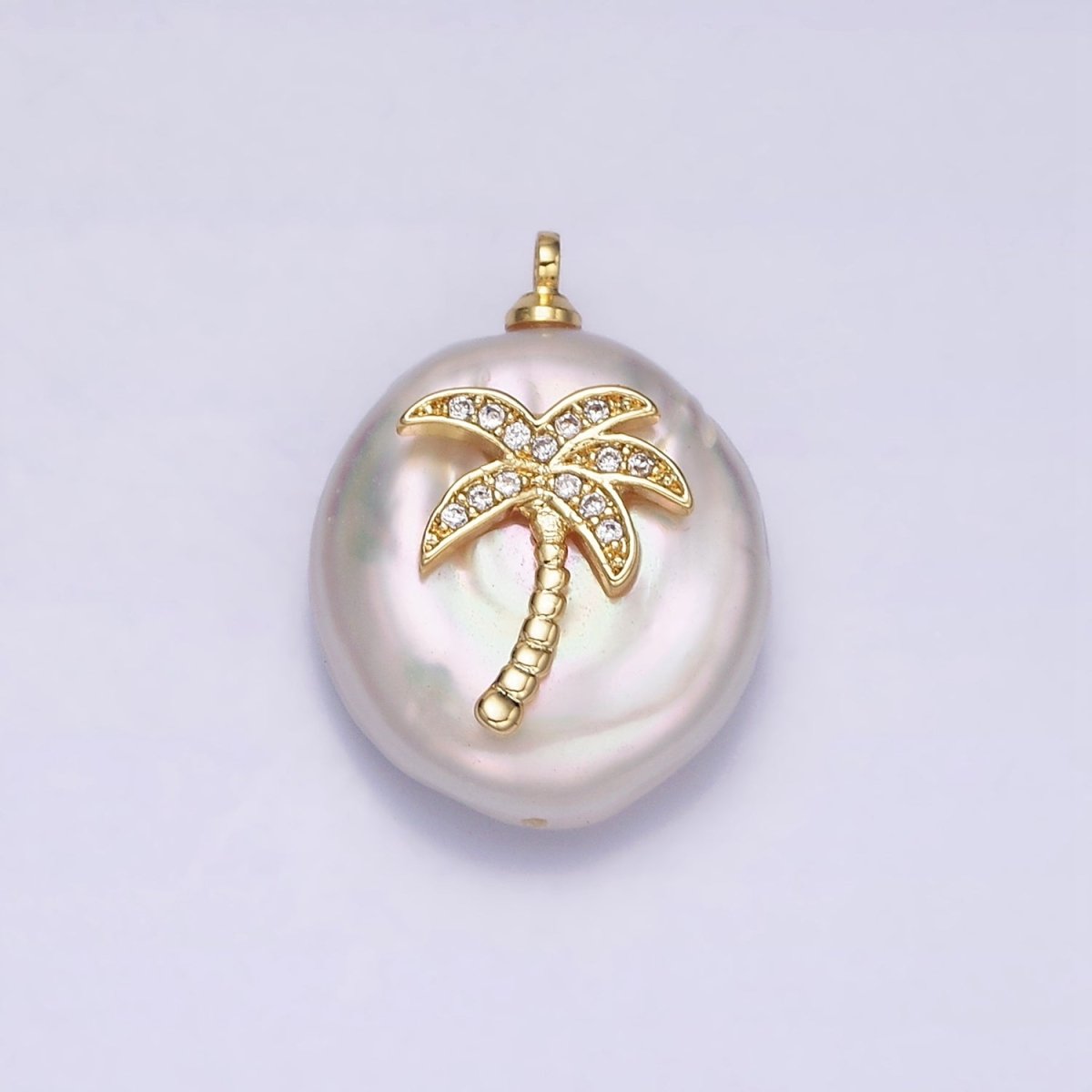 16K Gold Filled Palm Tree Micro Paved CZ Freshwater Pearl Charm | AC1331 - DLUXCA