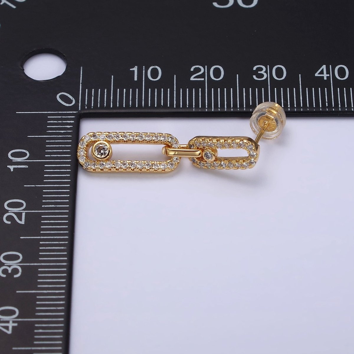 16K Gold Filled Paperclip Triple Link Micro Paved CZ Drop Stud Earring om in Gold & Silver | AD1239 AD1240 - DLUXCA