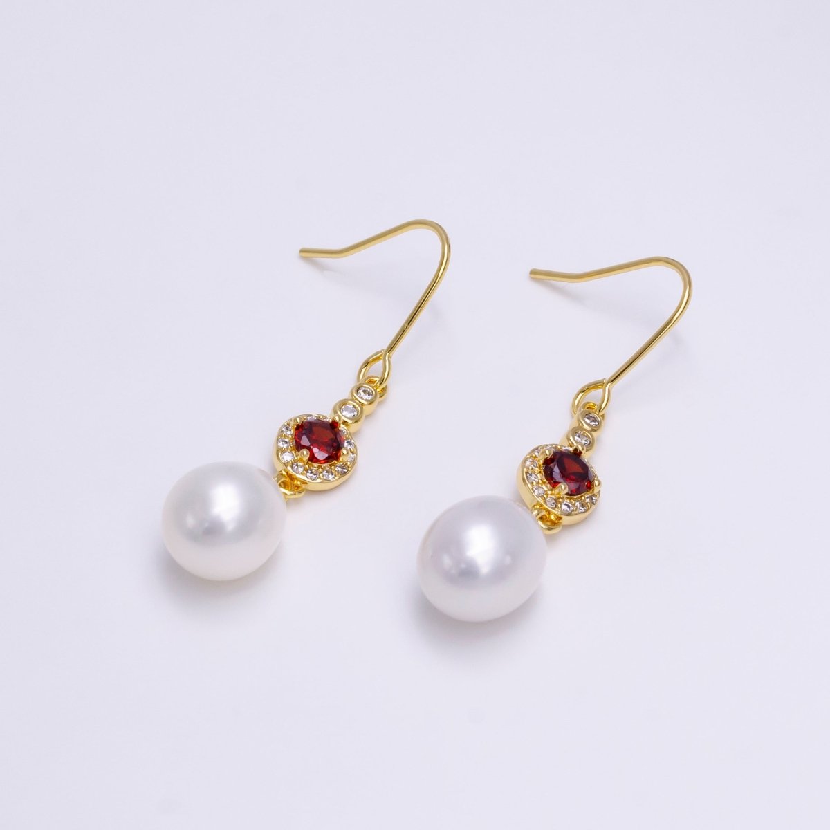 16K Gold Filled Pearl Drop Micro Paved Round Red CZ French Hook Earrings | AE776 - DLUXCA