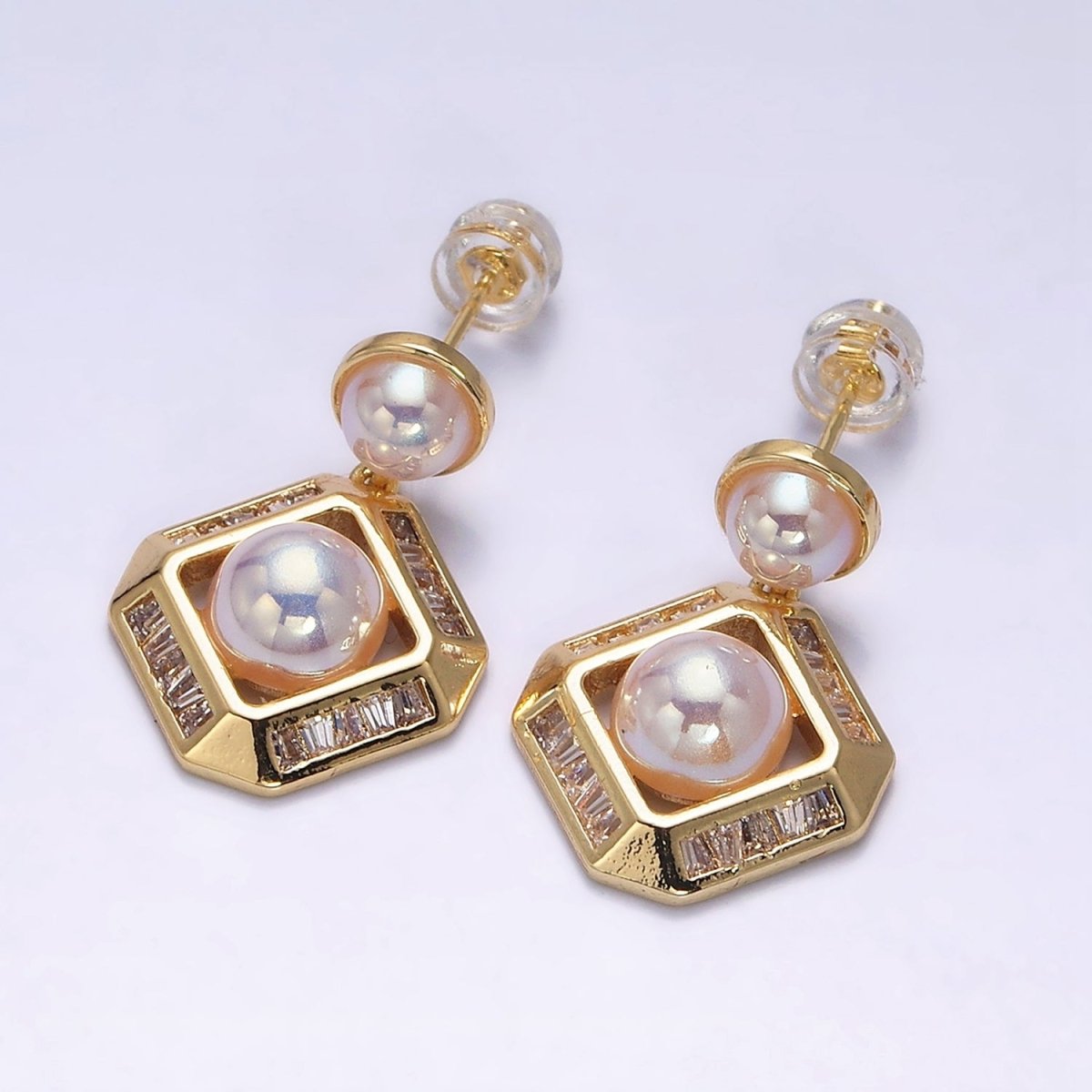 16K Gold Filled Pearl Edged Rhombus Baguette Lined Drop Stud Earrings in Gold & Silver | Y-791 Y-792 - DLUXCA