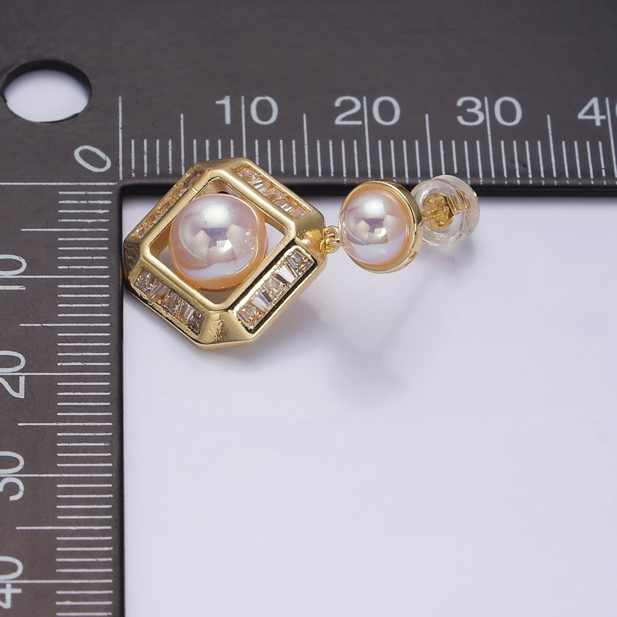 16K Gold Filled Pearl Edged Rhombus Baguette Lined Drop Stud Earrings in Gold & Silver | Y-791 Y-792 - DLUXCA