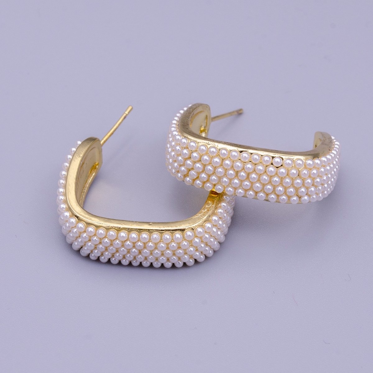 16K Gold Filled Pearl Lined Boxy C-Shaped Hoop Earrings in Gold & Silver | AE049 AE050 - DLUXCA