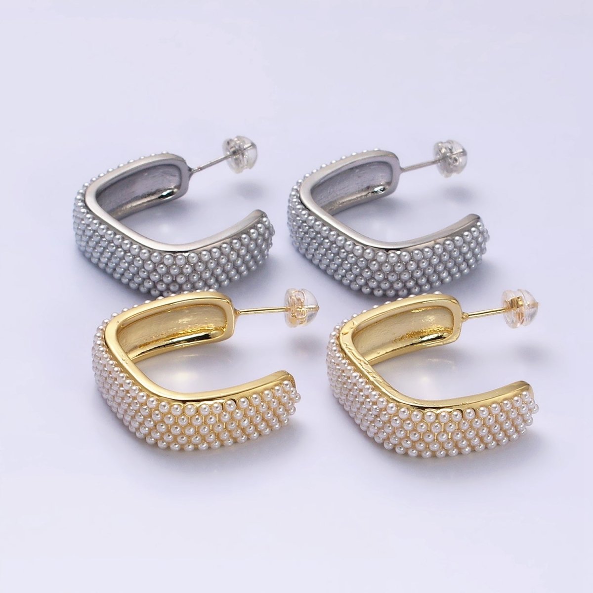 16K Gold Filled Pearl Lined Boxy C-Shaped Hoop Earrings in Gold & Silver | AE049 AE050 - DLUXCA