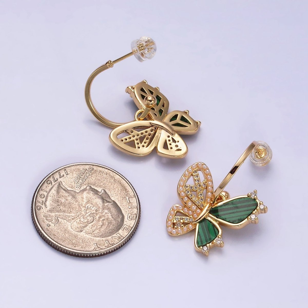 16K Gold Filled Pearl Malachite Butterfly Wings Drop C-Shaped Hoop Earrings in Gold & Silver | AD976 AD977 - DLUXCA