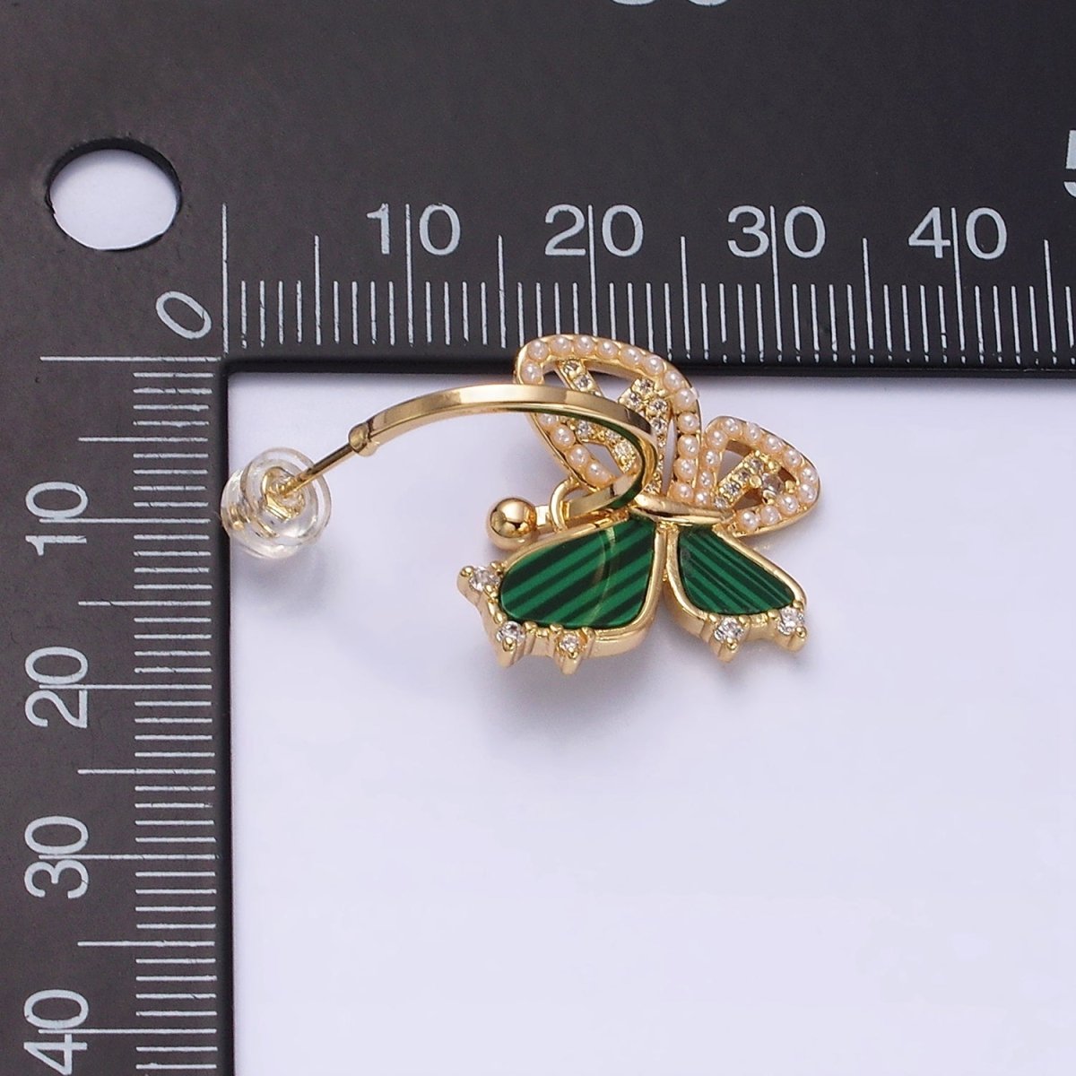 16K Gold Filled Pearl Malachite Butterfly Wings Drop C-Shaped Hoop Earrings in Gold & Silver | AD976 AD977 - DLUXCA