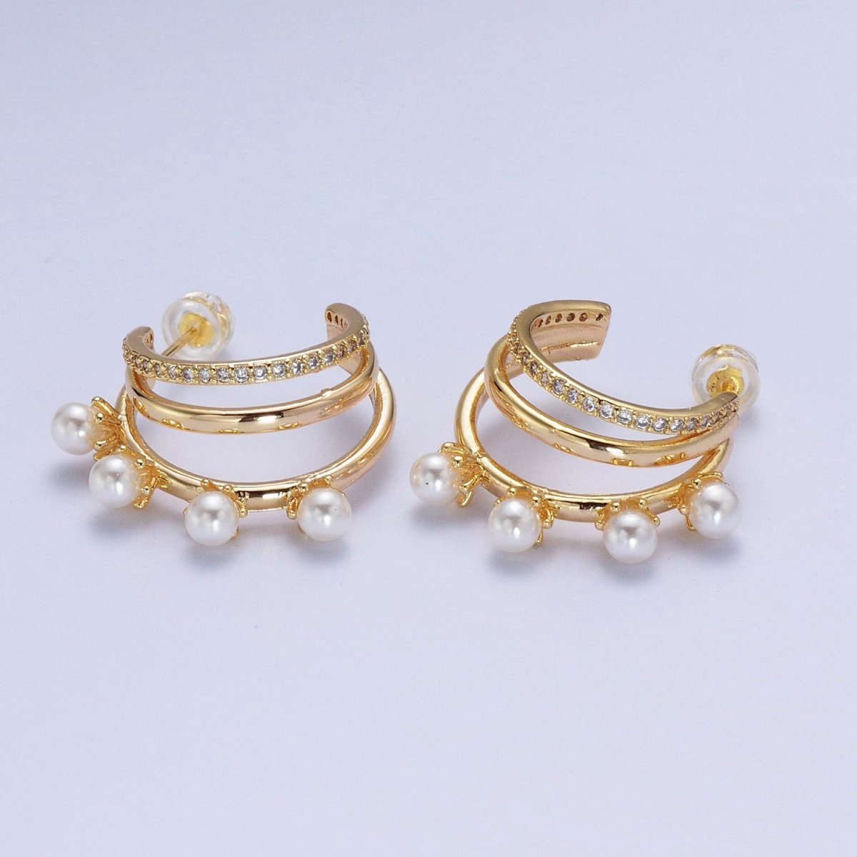 16K Gold Filled Pearl Micro Paved CZ Triple Band C-Shaped Hoop Earrings | Y276 - DLUXCA