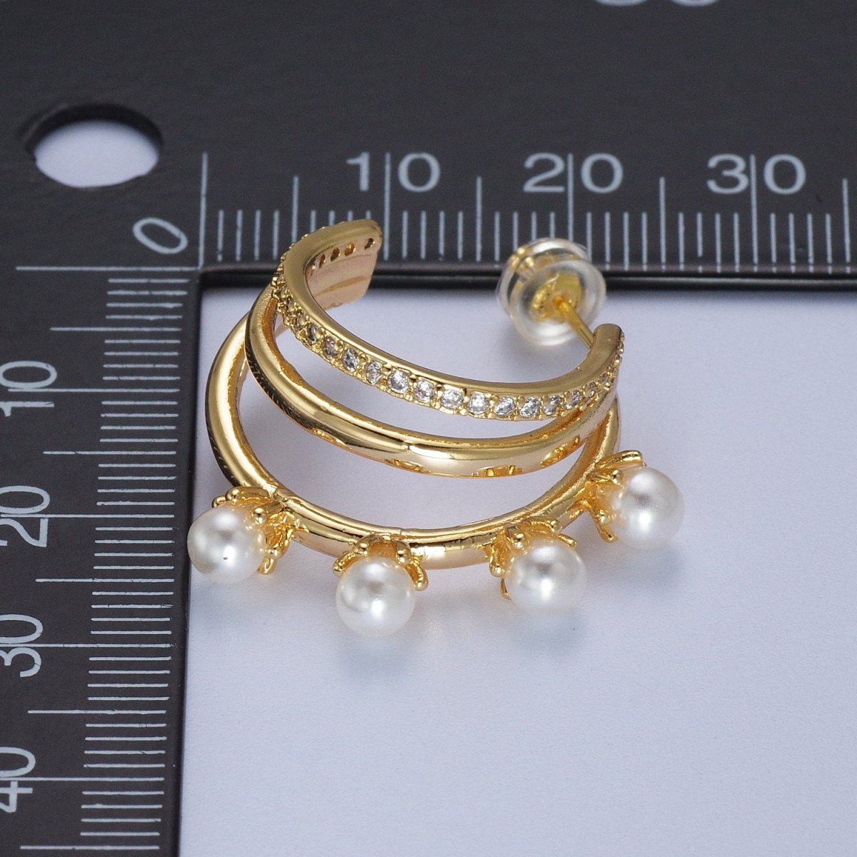 16K Gold Filled Pearl Micro Paved CZ Triple Band C-Shaped Hoop Earrings | Y276 - DLUXCA