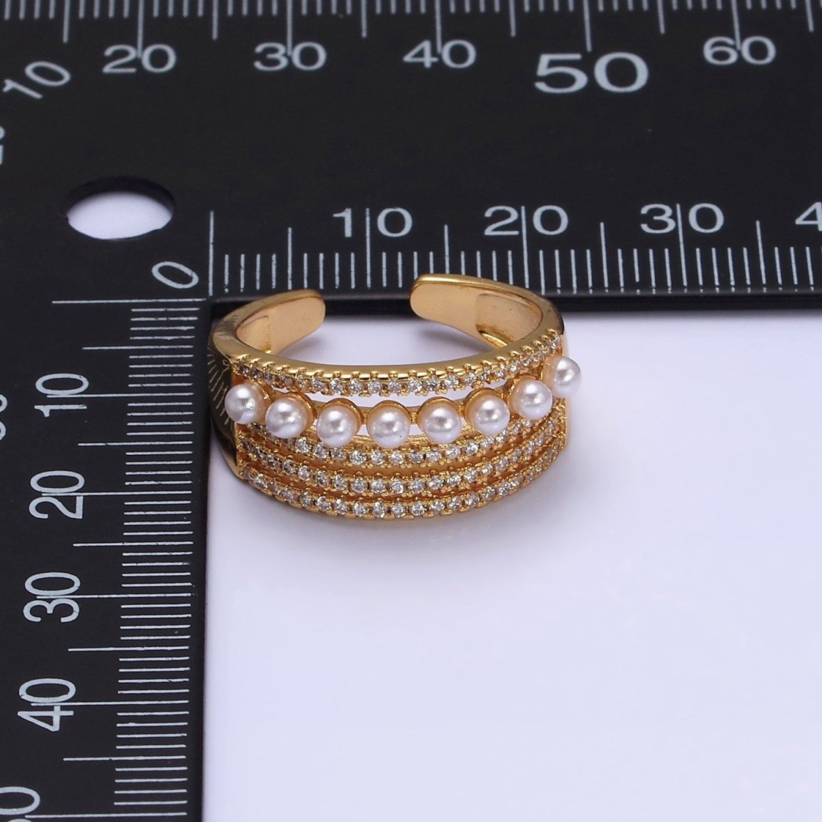 16K Gold Filled Pearl Micro Paved Lined Statement Ring in Gold & Silver | O-1978 O-1979 - DLUXCA