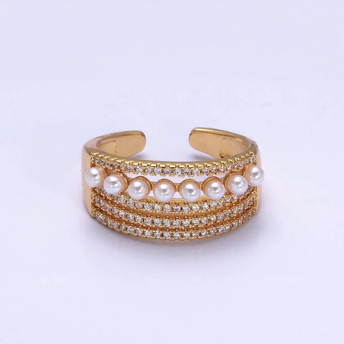 16K Gold Filled Pearl Micro Paved Lined Statement Ring in Gold & Silver | O-1978 O-1979 - DLUXCA