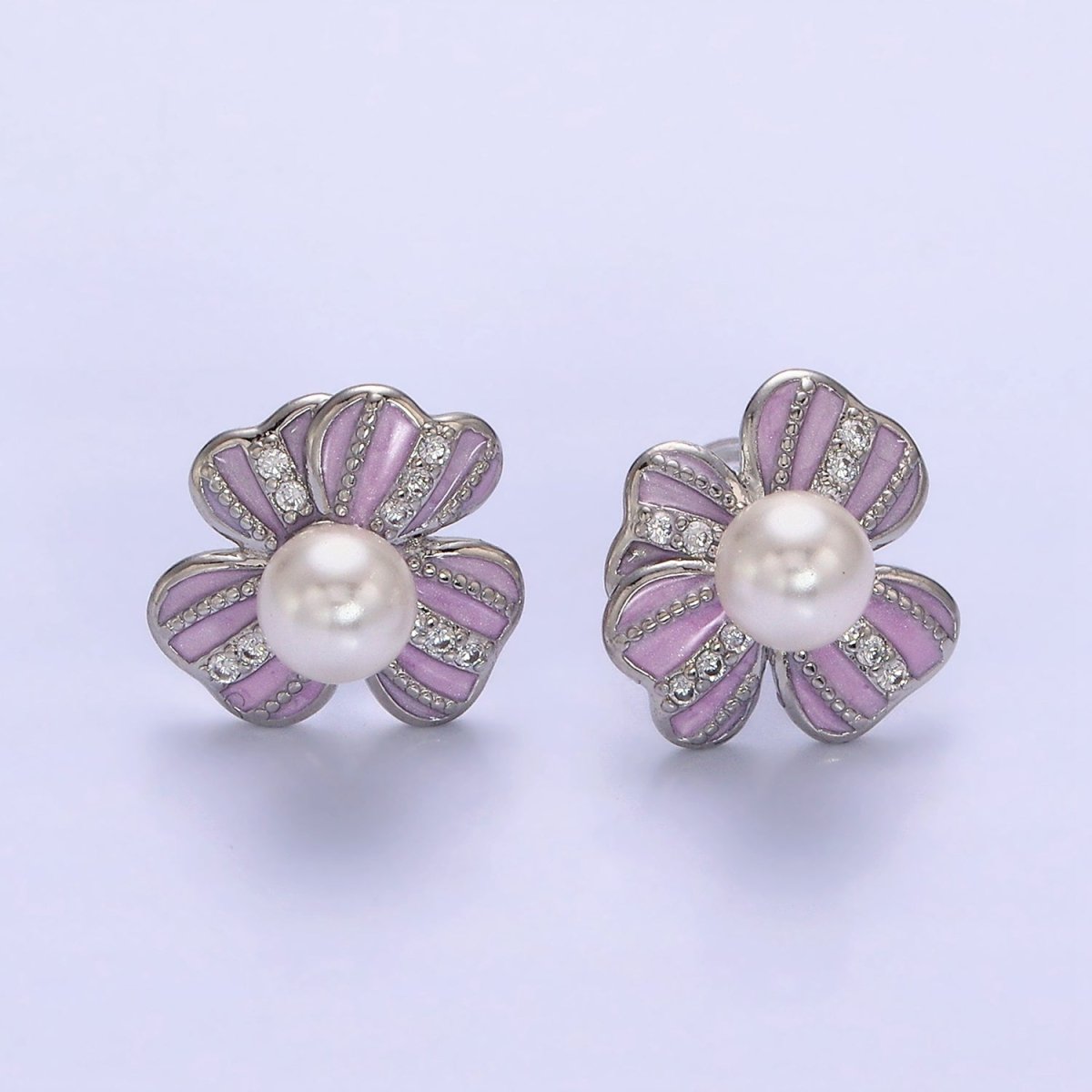 16K Gold Filled Pearl Ribbon Flower Pink Enamel Micro Paved CZ Stud Earrings in Gold & Silver | Y-921 Y-922 - DLUXCA