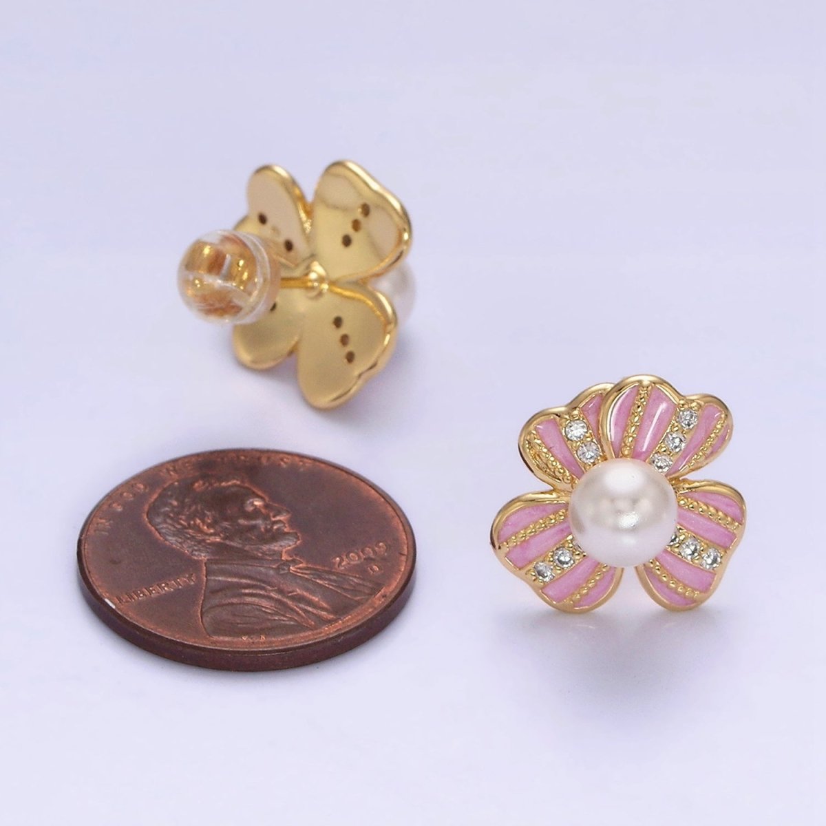 16K Gold Filled Pearl Ribbon Flower Pink Enamel Micro Paved CZ Stud Earrings in Gold & Silver | Y-921 Y-922 - DLUXCA