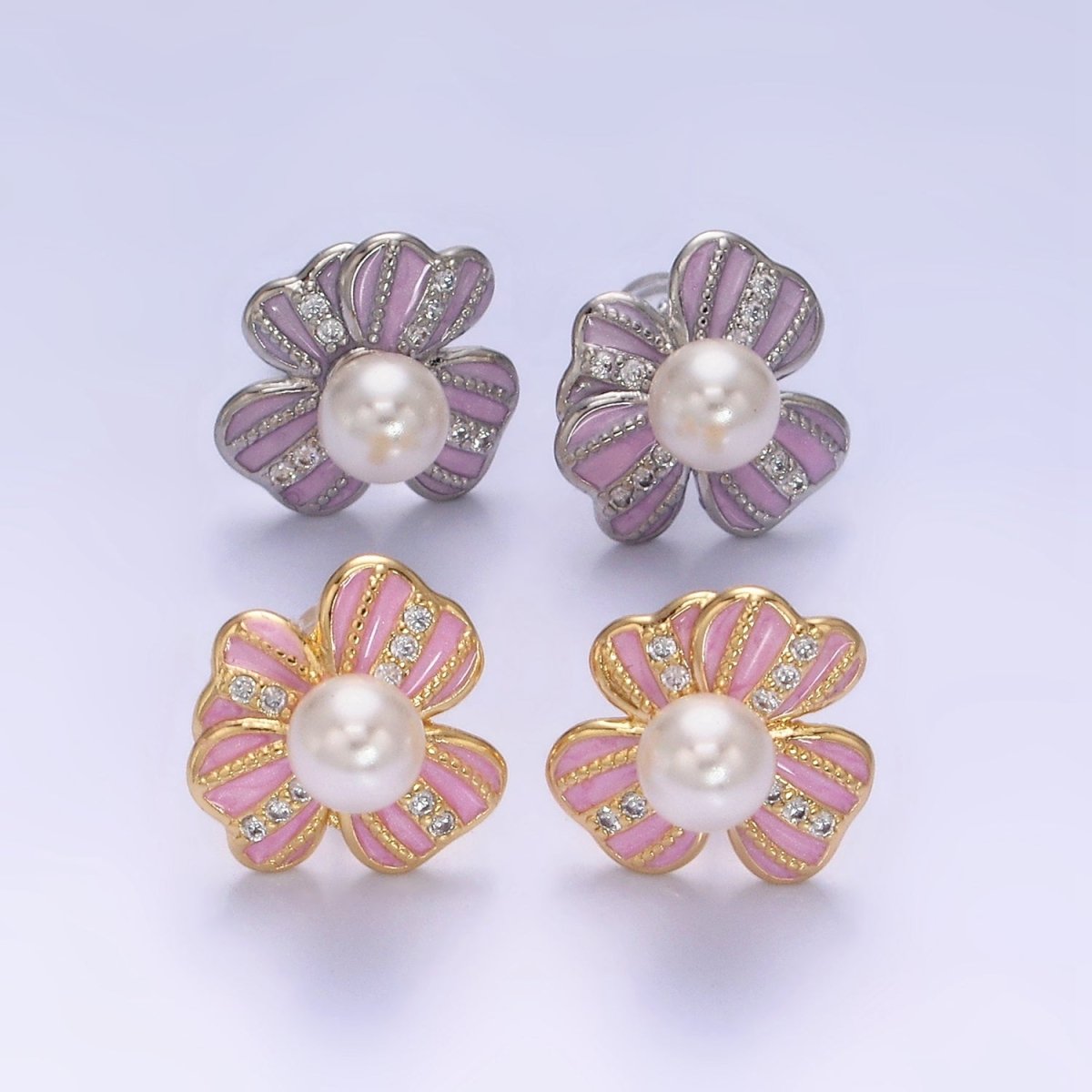 16K Gold Filled Pearl Ribbon Flower Pink Enamel Micro Paved CZ Stud Earrings in Gold & Silver | Y-921 Y-922 - DLUXCA