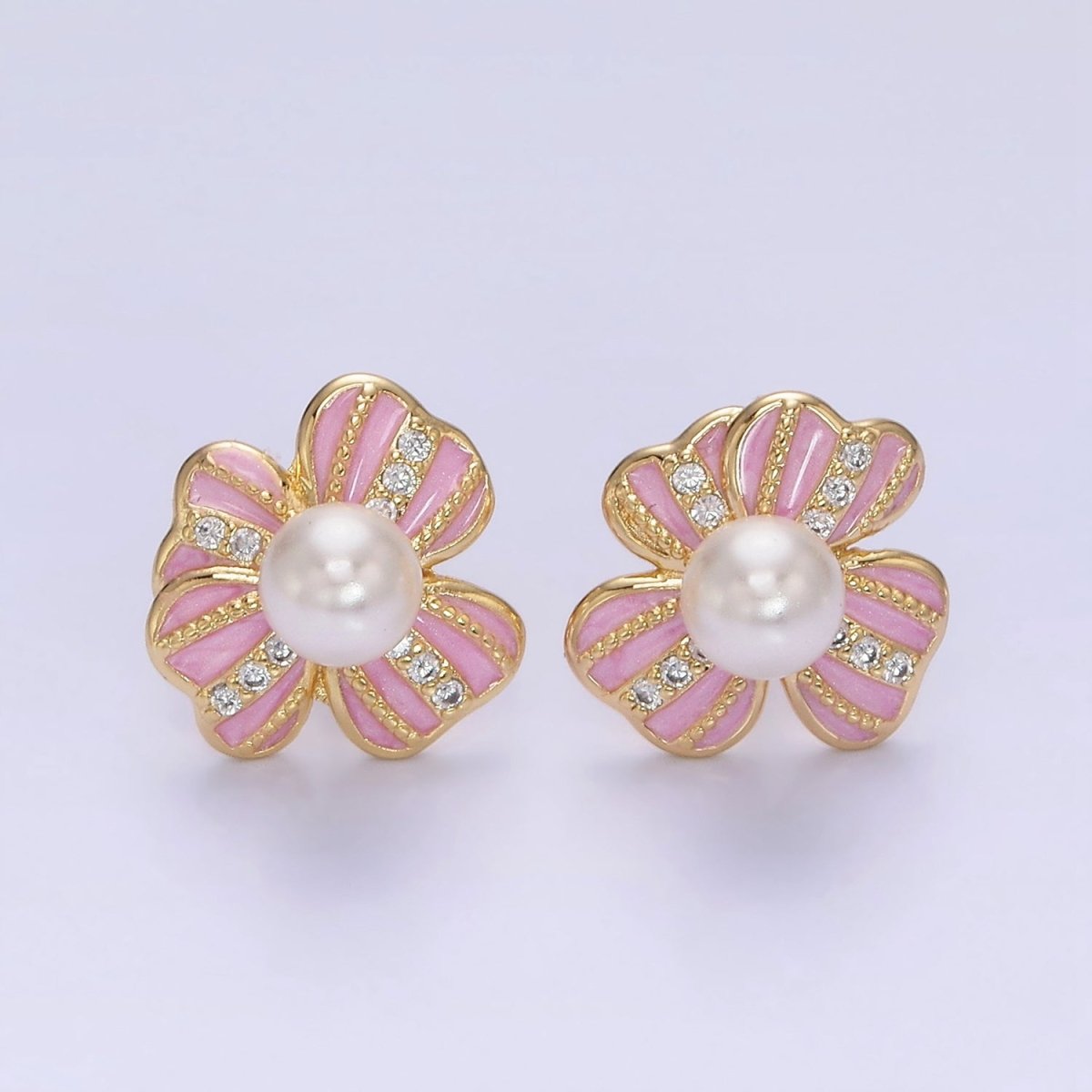 16K Gold Filled Pearl Ribbon Flower Pink Enamel Micro Paved CZ Stud Earrings in Gold & Silver | Y-921 Y-922 - DLUXCA