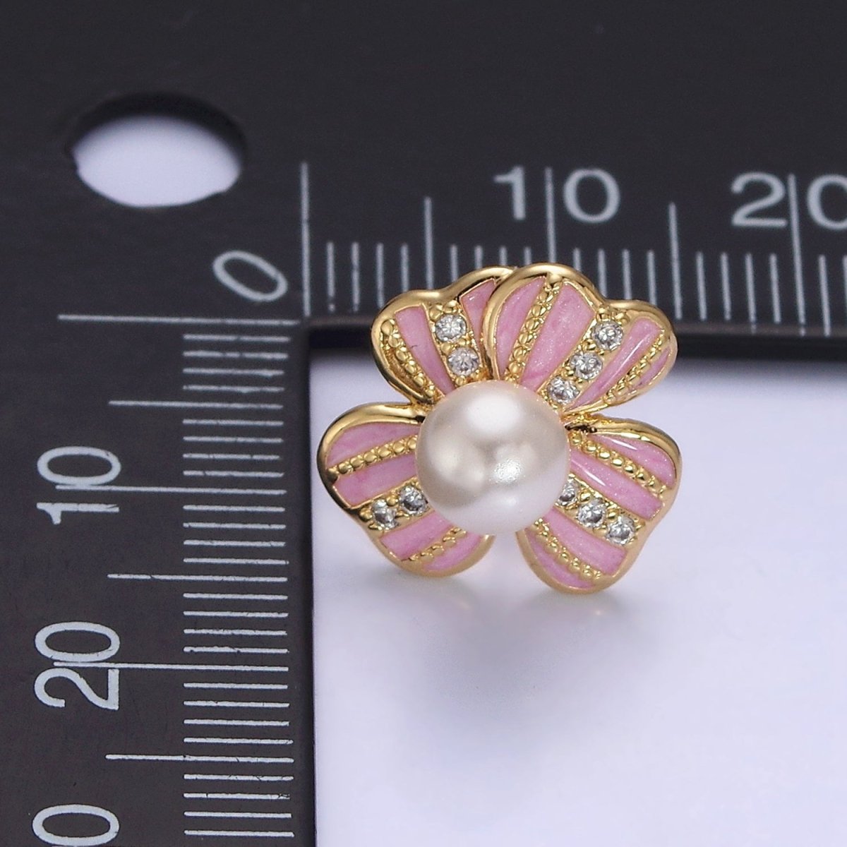 16K Gold Filled Pearl Ribbon Flower Pink Enamel Micro Paved CZ Stud Earrings in Gold & Silver | Y-921 Y-922 - DLUXCA