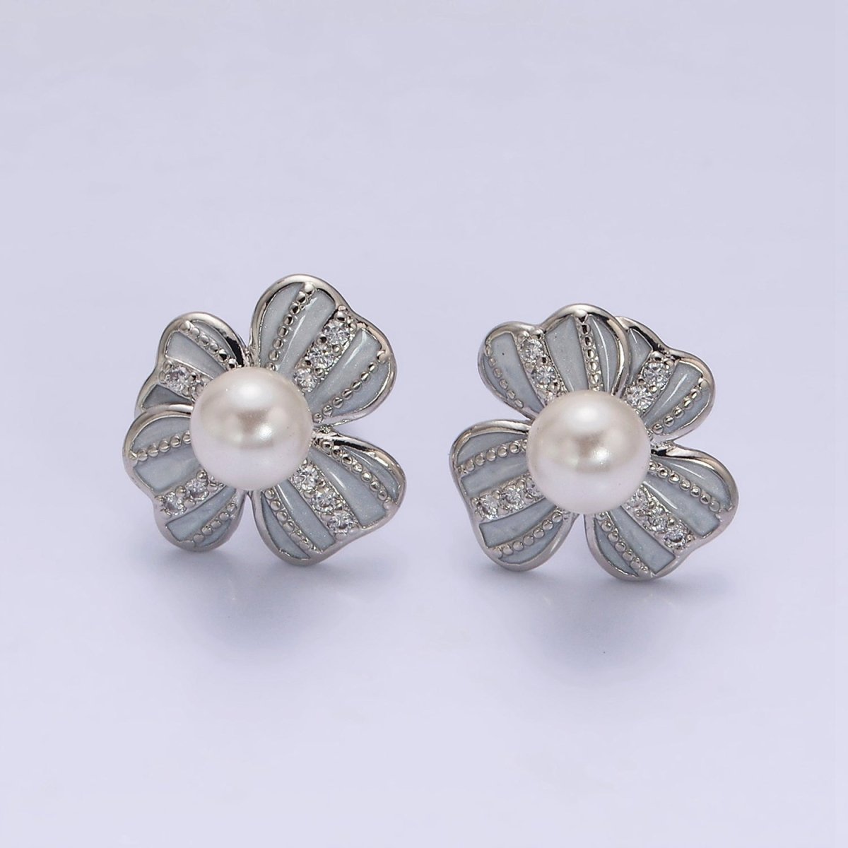 16K Gold Filled Pearl Ribbon Flower White Enamel Micro Paved CZ Stud Earrings in Gold & Silver | AE844 AE845 - DLUXCA