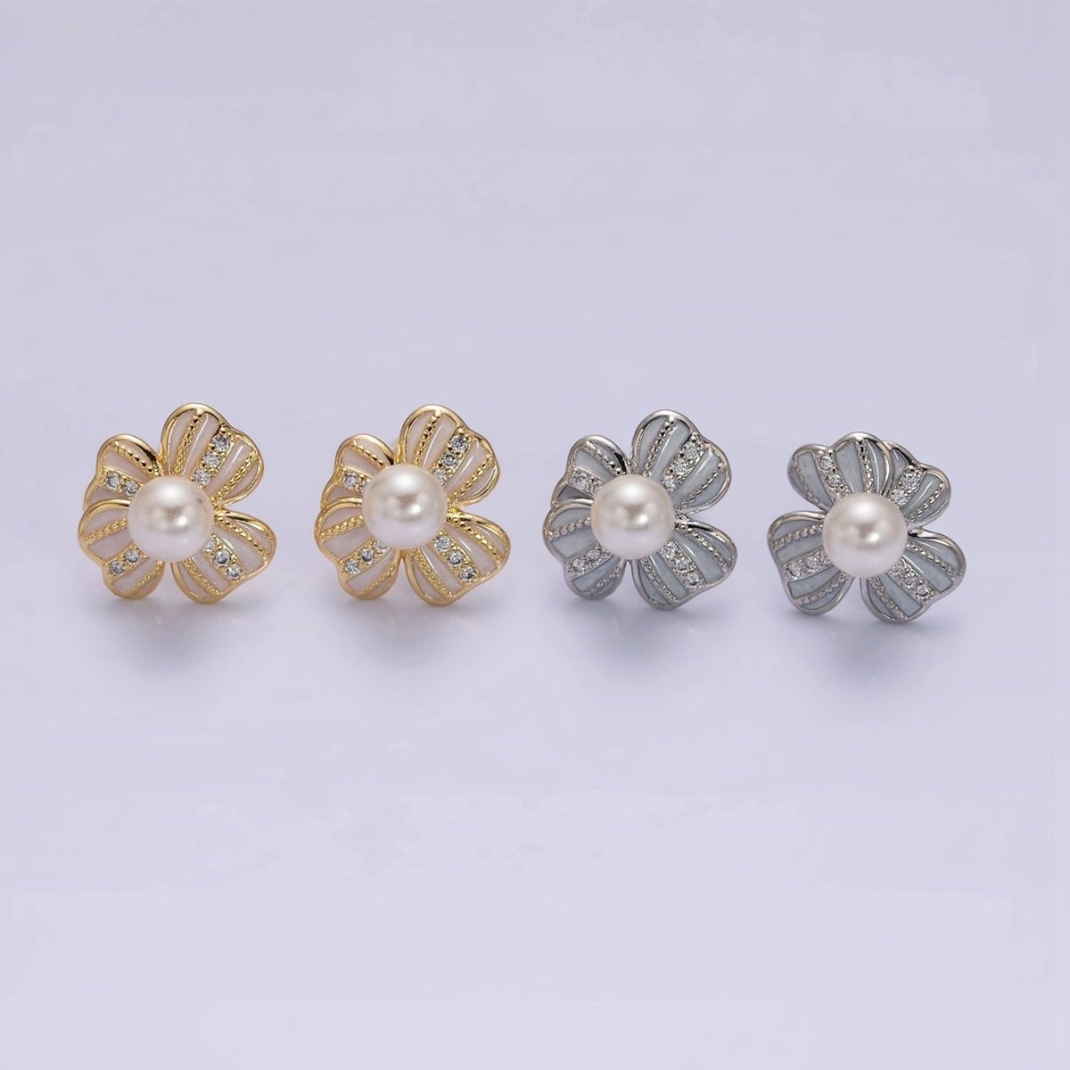 16K Gold Filled Pearl Ribbon Flower White Enamel Micro Paved CZ Stud Earrings in Gold & Silver | AE844 AE845 - DLUXCA