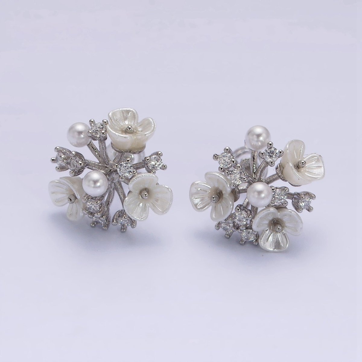 16K Gold Filled Pearl White Acrylic Flower Multiple Band Branch Clear CZ Stud Earrings in Gold & Silver | AE846 AE847 - DLUXCA