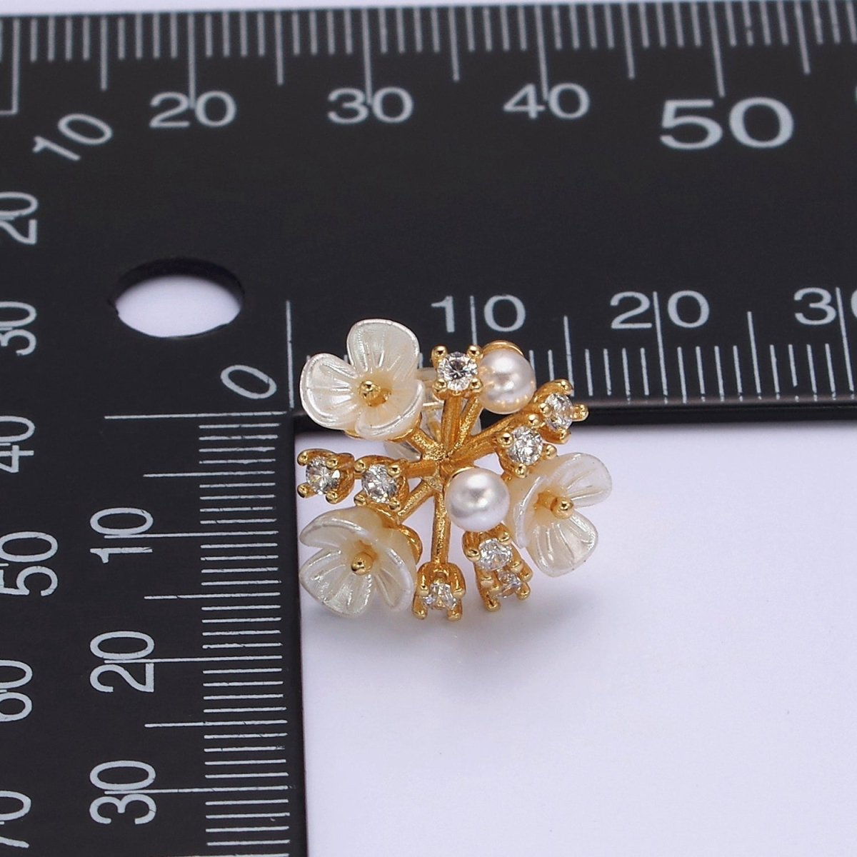 16K Gold Filled Pearl White Acrylic Flower Multiple Band Branch Clear CZ Stud Earrings in Gold & Silver | AE846 AE847 - DLUXCA