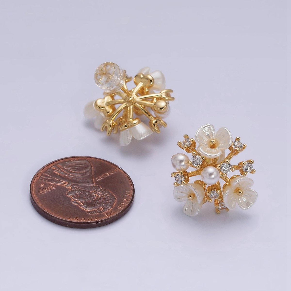 16K Gold Filled Pearl White Acrylic Flower Multiple Band Branch Clear CZ Stud Earrings in Gold & Silver | AE846 AE847 - DLUXCA