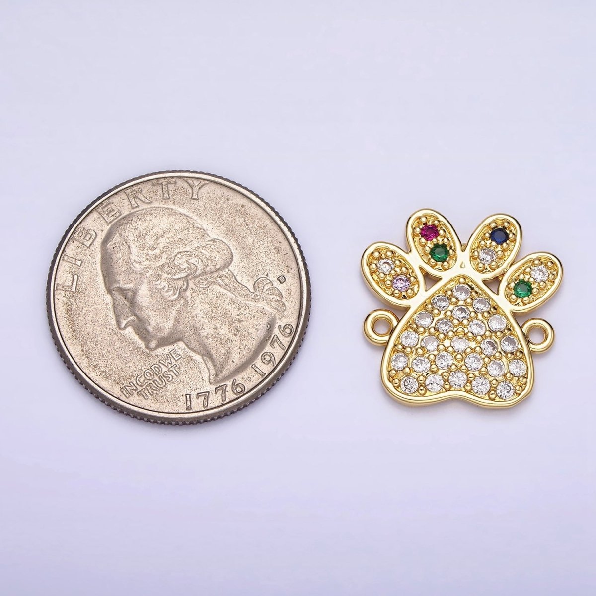 16K Gold Filled Pet Pawprint Micro Paved Multicolor Clear Micro Paved CZ Connector | AA1037 - DLUXCA
