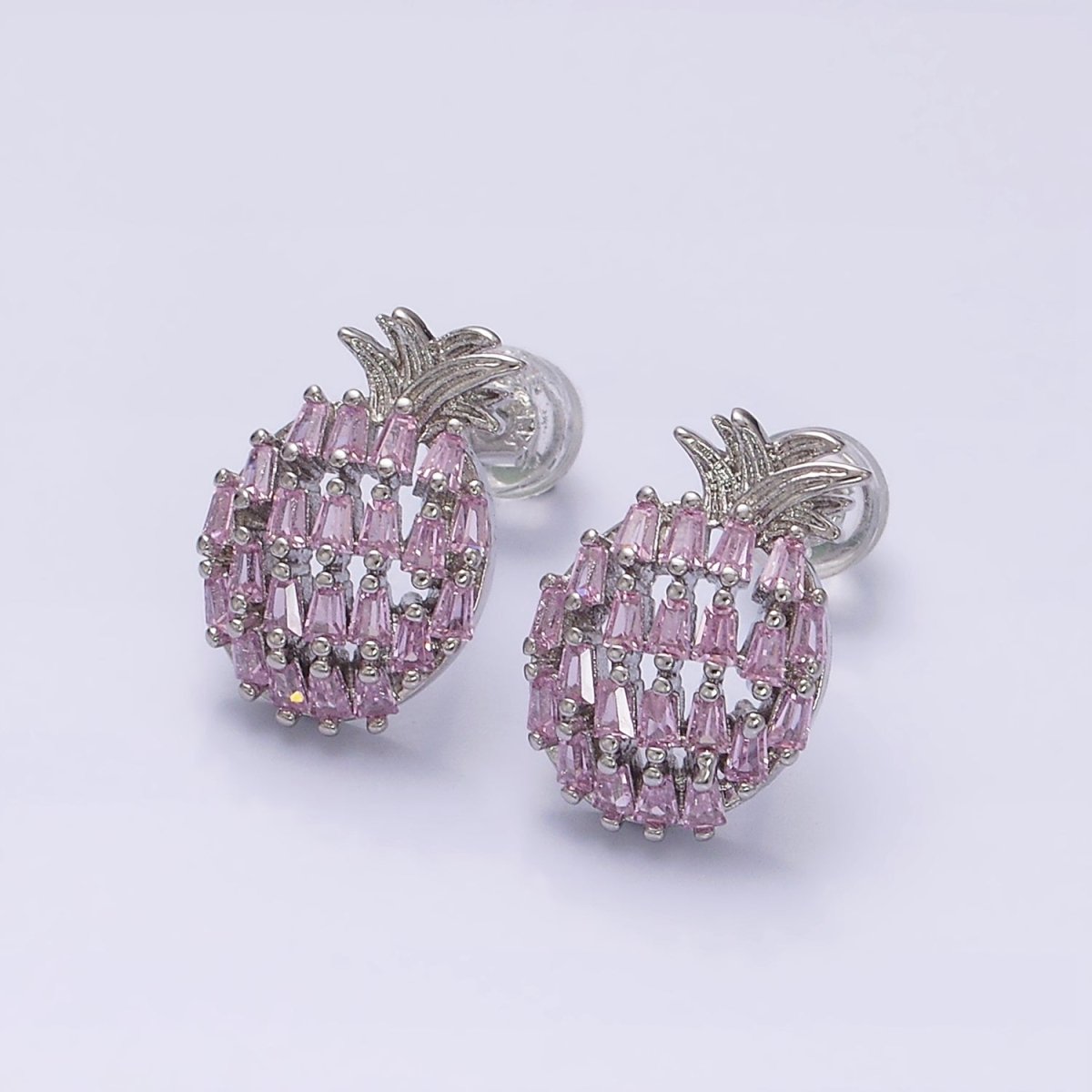 16K Gold Filled Pink Baguette CZ Pineapple Fruit Stud Earrings in Gold & Silver | AD968 AD969 - DLUXCA