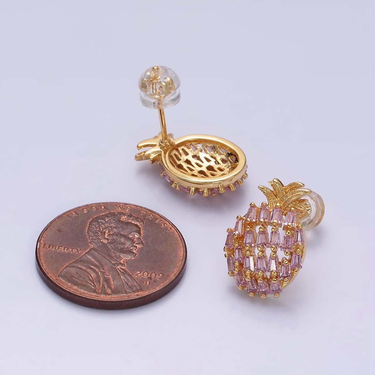 16K Gold Filled Pink Baguette CZ Pineapple Fruit Stud Earrings in Gold & Silver | AD968 AD969 - DLUXCA