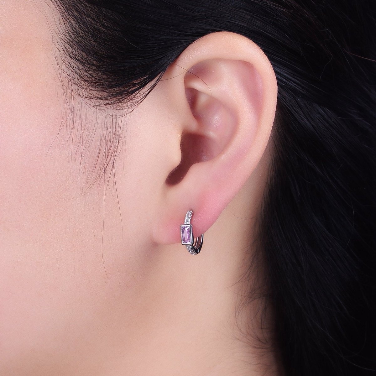 16K Gold Filled Pink Baguette Micro Paved 12.5mm Thin Cartilage Earrings in Silver & Gold | AB1545 AE772 - DLUXCA